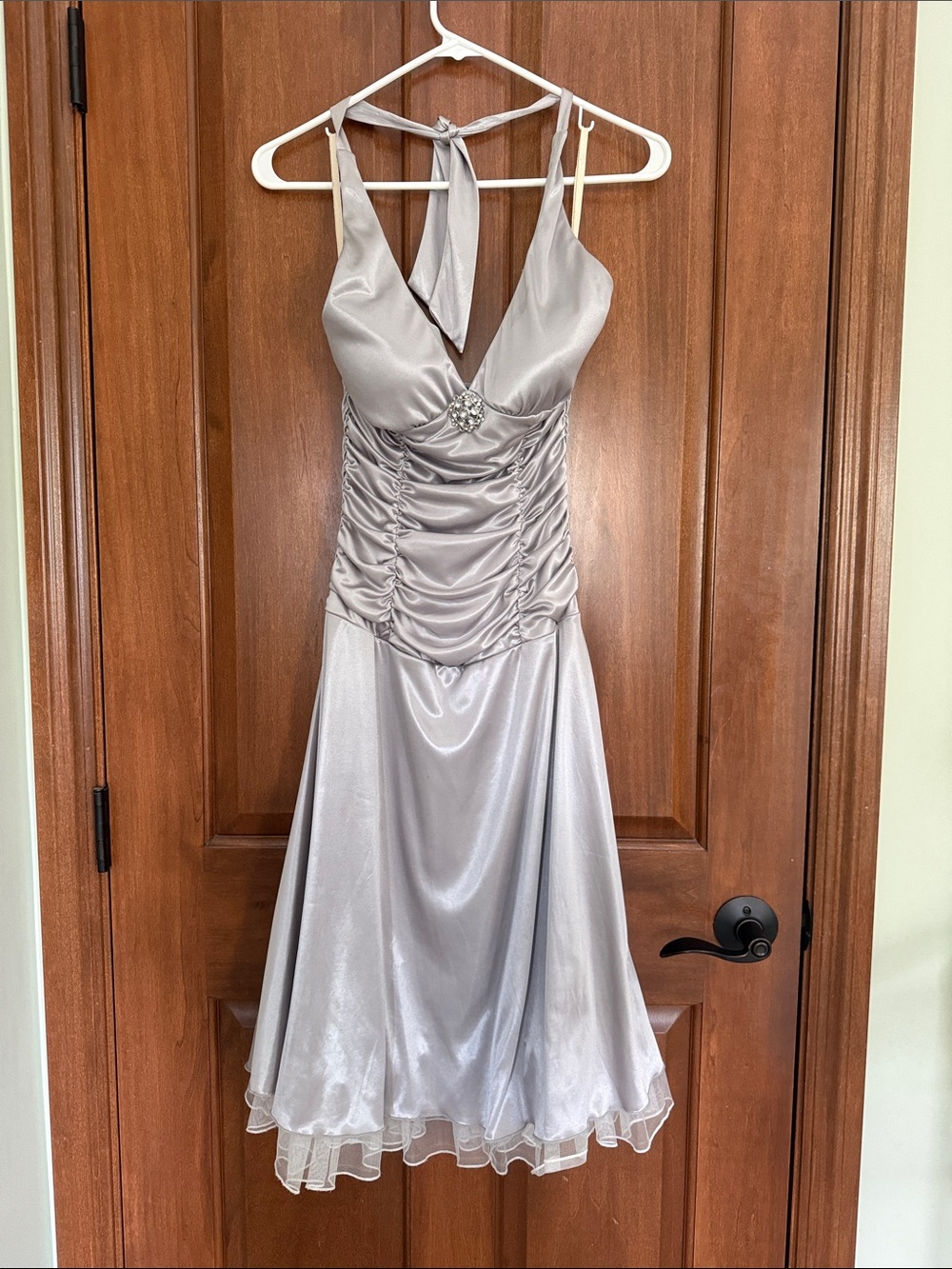 Ruby Rox Silver Satin Halter Midi Dress with Ruched Bodice